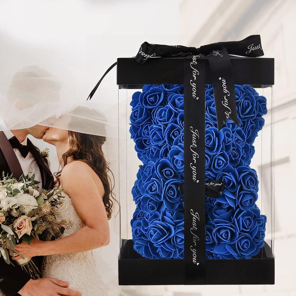 Blue Rose Bear Anniversary Flowers Gift for Her, Anniversary Rose Gifts for Wife Flower Bear, Rose Teddy Bear with Box Lights Necklace Balloon Card, Cute Romantic Love Gifts & Decorations
